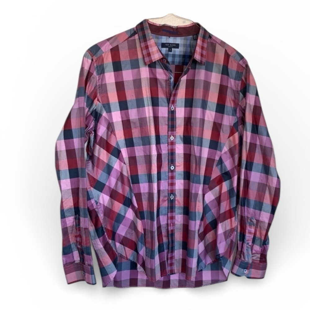 TED BAKER button-down shirt, men 3XL grey & pink plaid with bias cut side panels